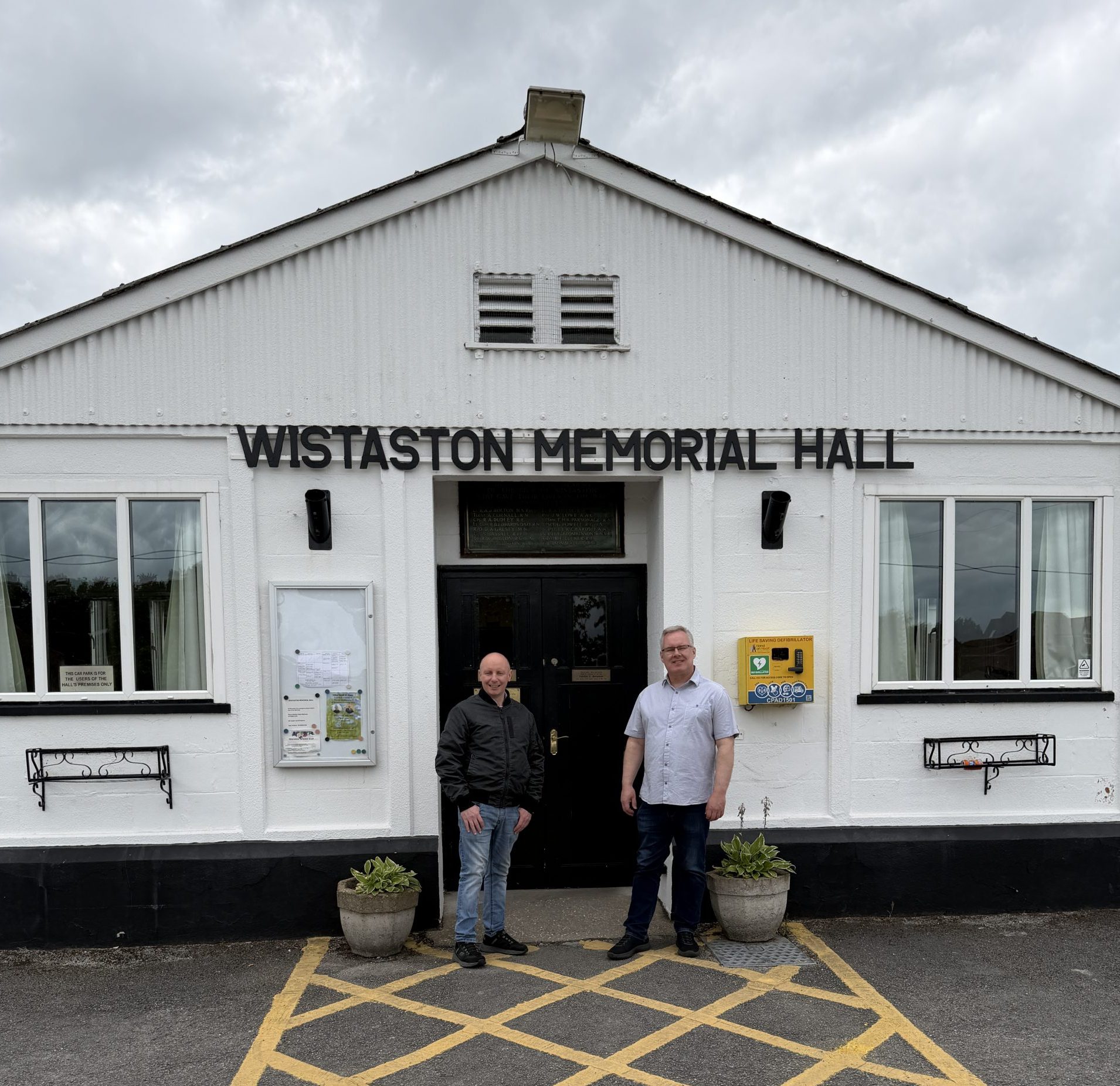 Roger Morris and David Simcox outside Wistaston Memorial Hall